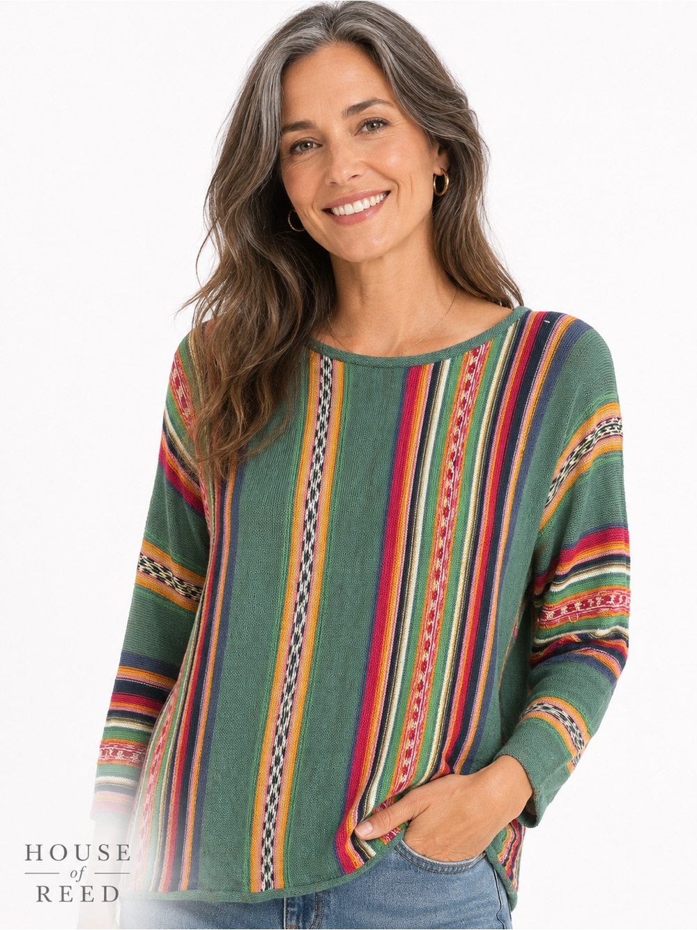 Chaps‎ Denim Southwestern Striped Knit Sweater Tunic Medium Boho Western